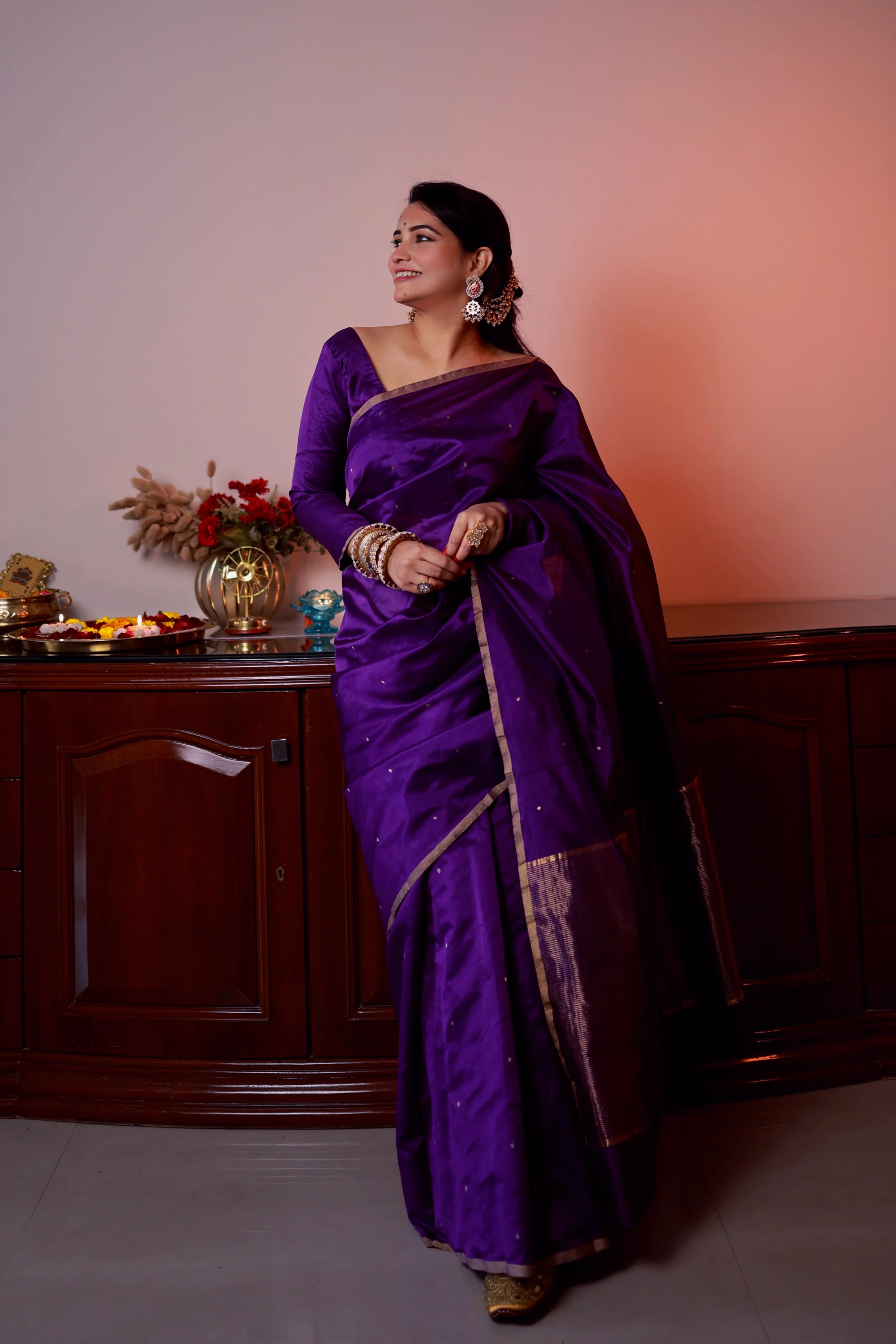 Violet chanderi silk saree with zari bootis all over - Image 9