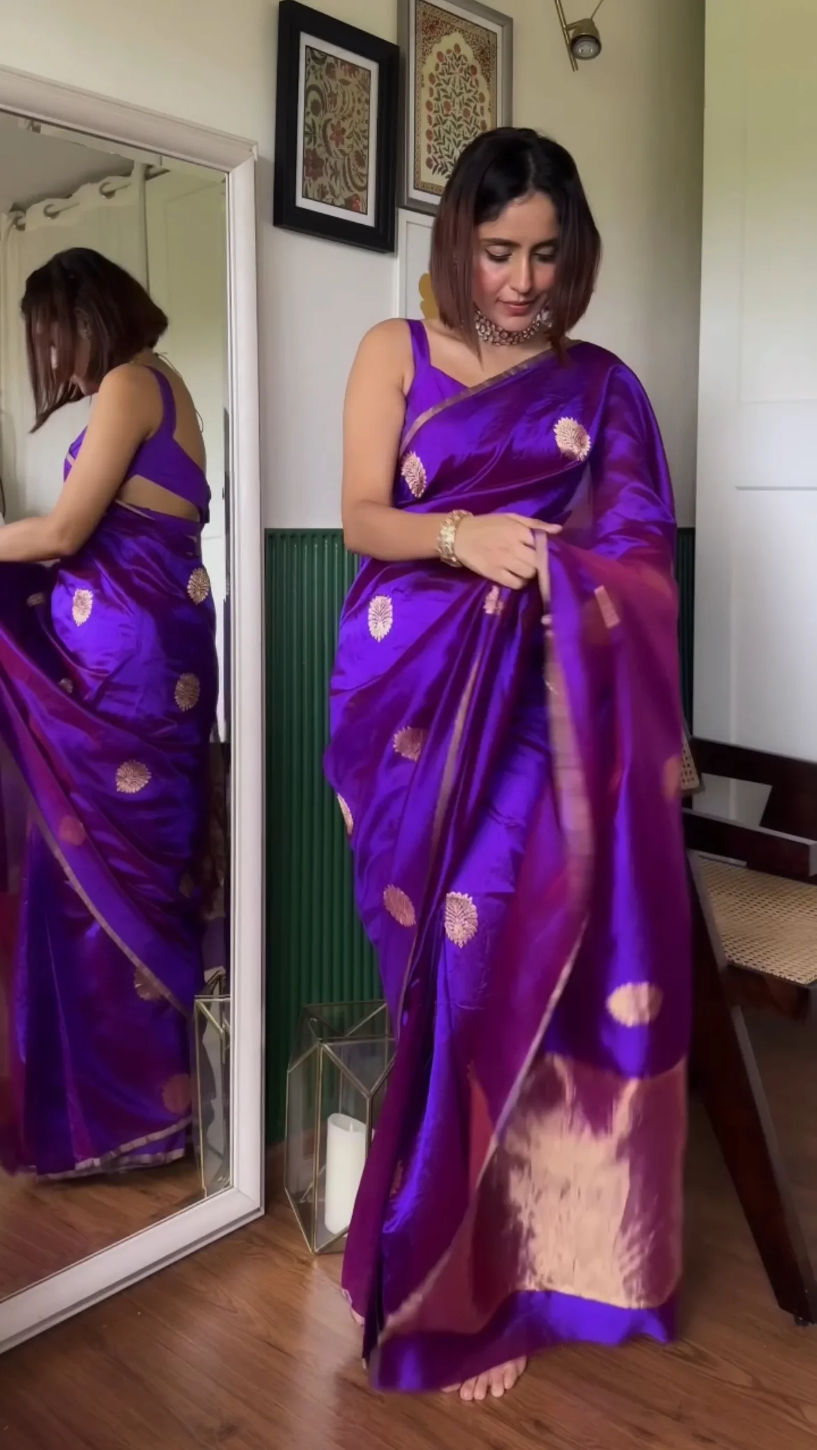 Violet dual tone chanderi silk saree with mor-motifs all over - Image 4