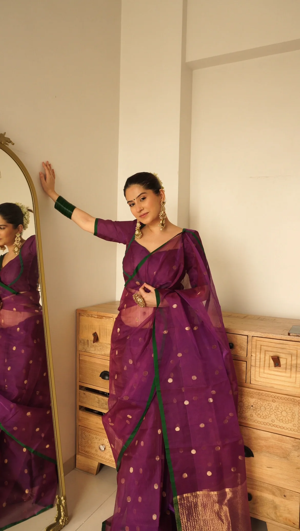 Violet dual tone chanderi silk saree with zari bootis all over - Image 13