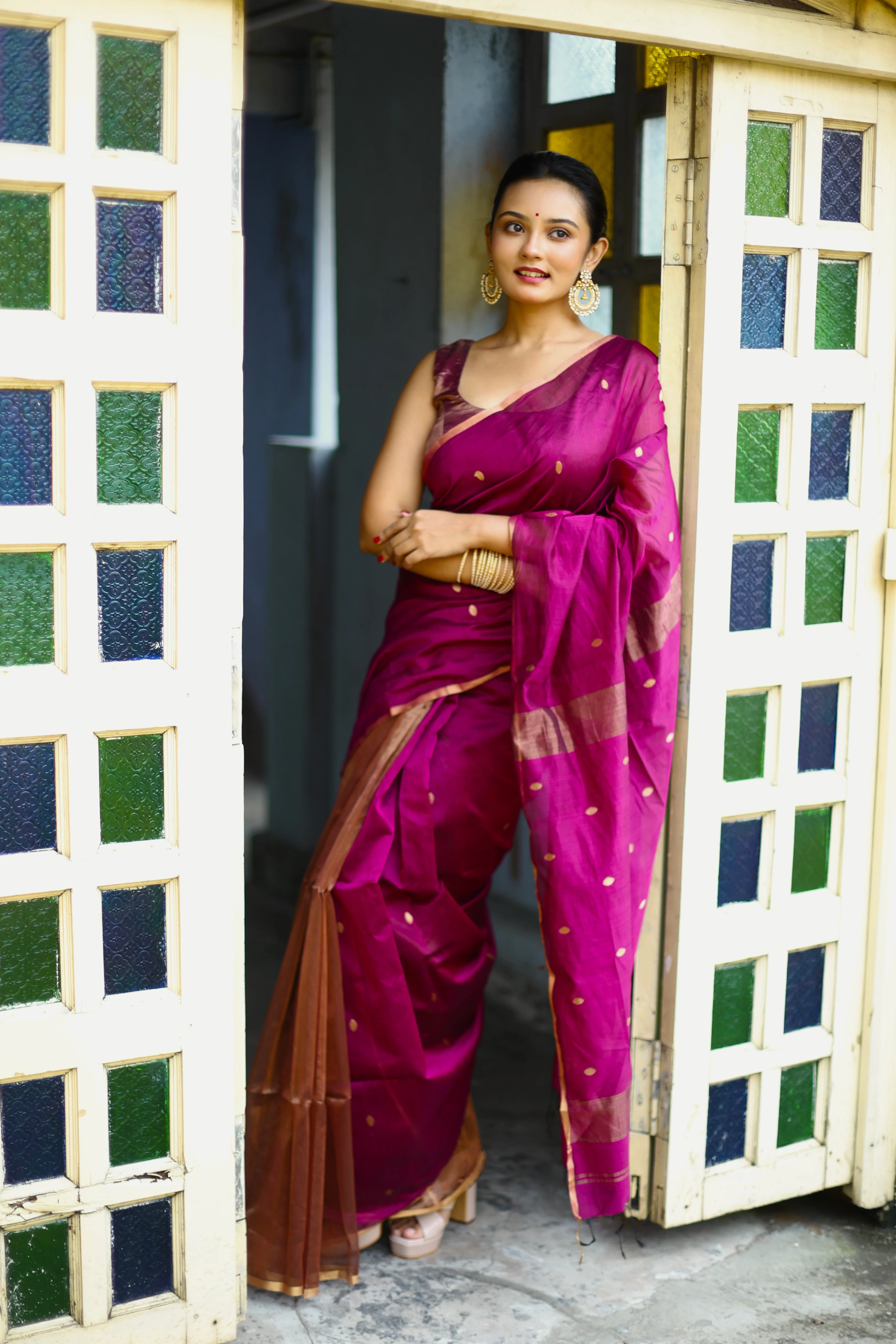 Violet maheshwari saree with zari bootis and zari lines - Image 13