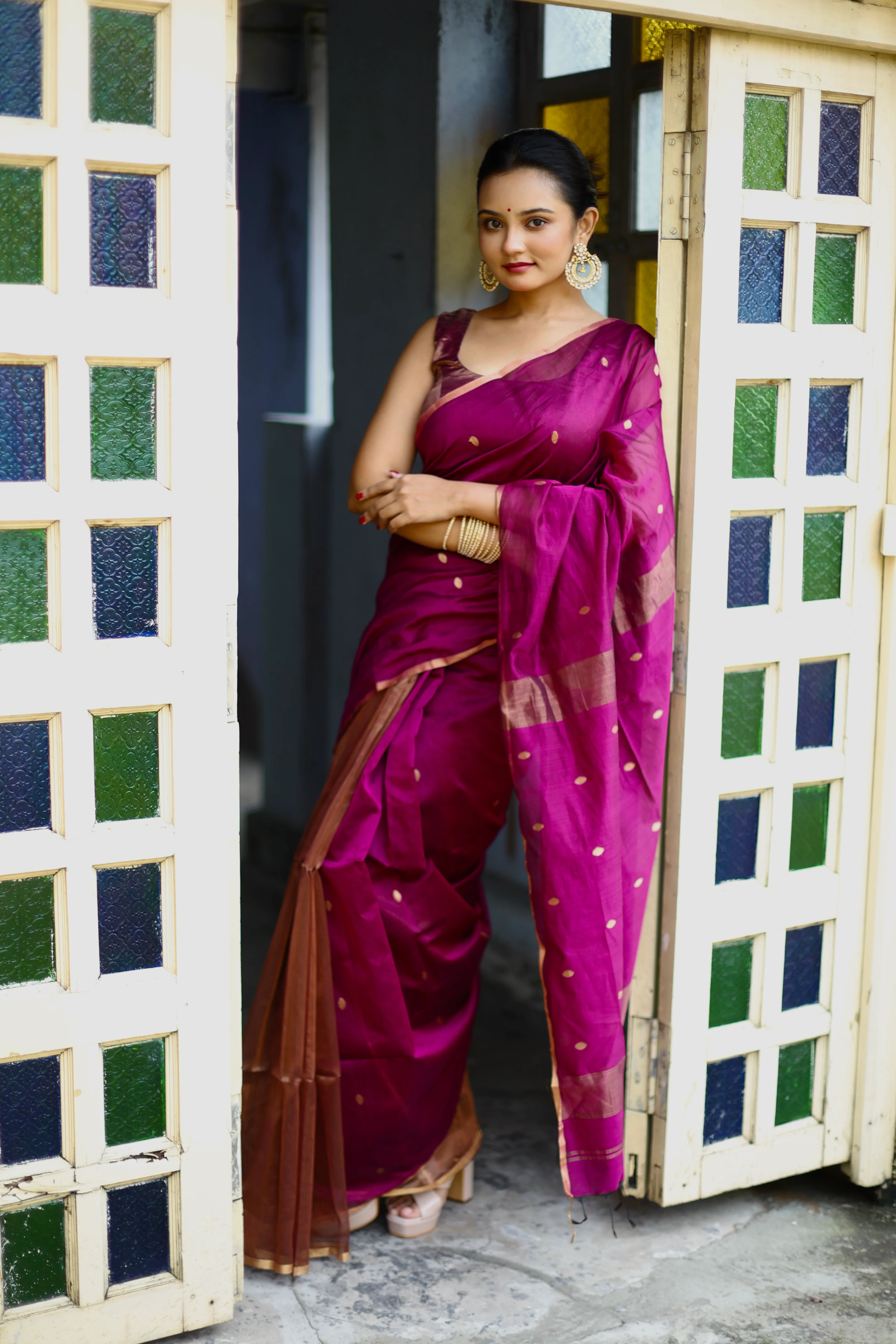 Violet maheshwari saree with zari bootis and zari lines - Image 15