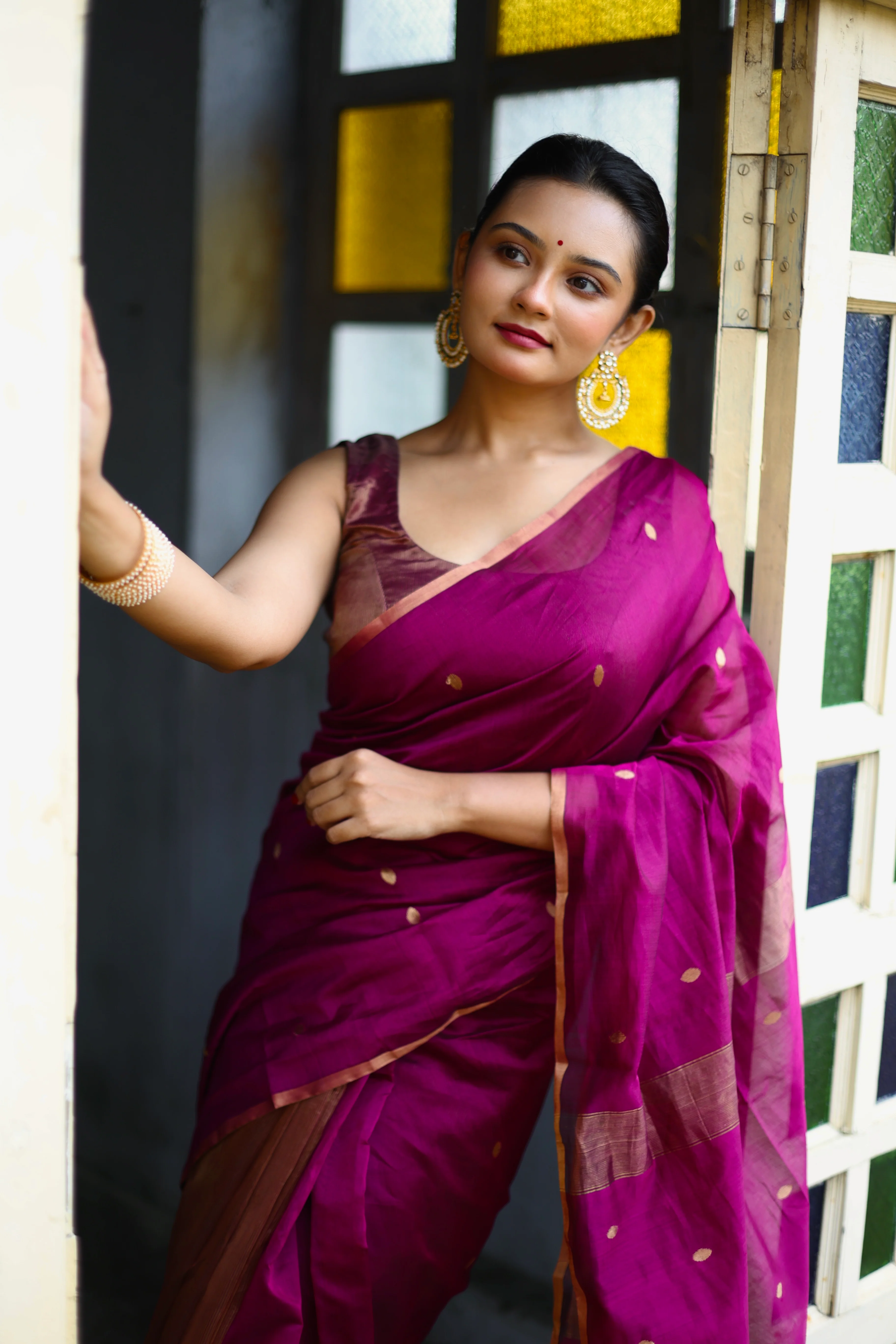 Violet maheshwari saree with zari bootis and zari lines - Image 16