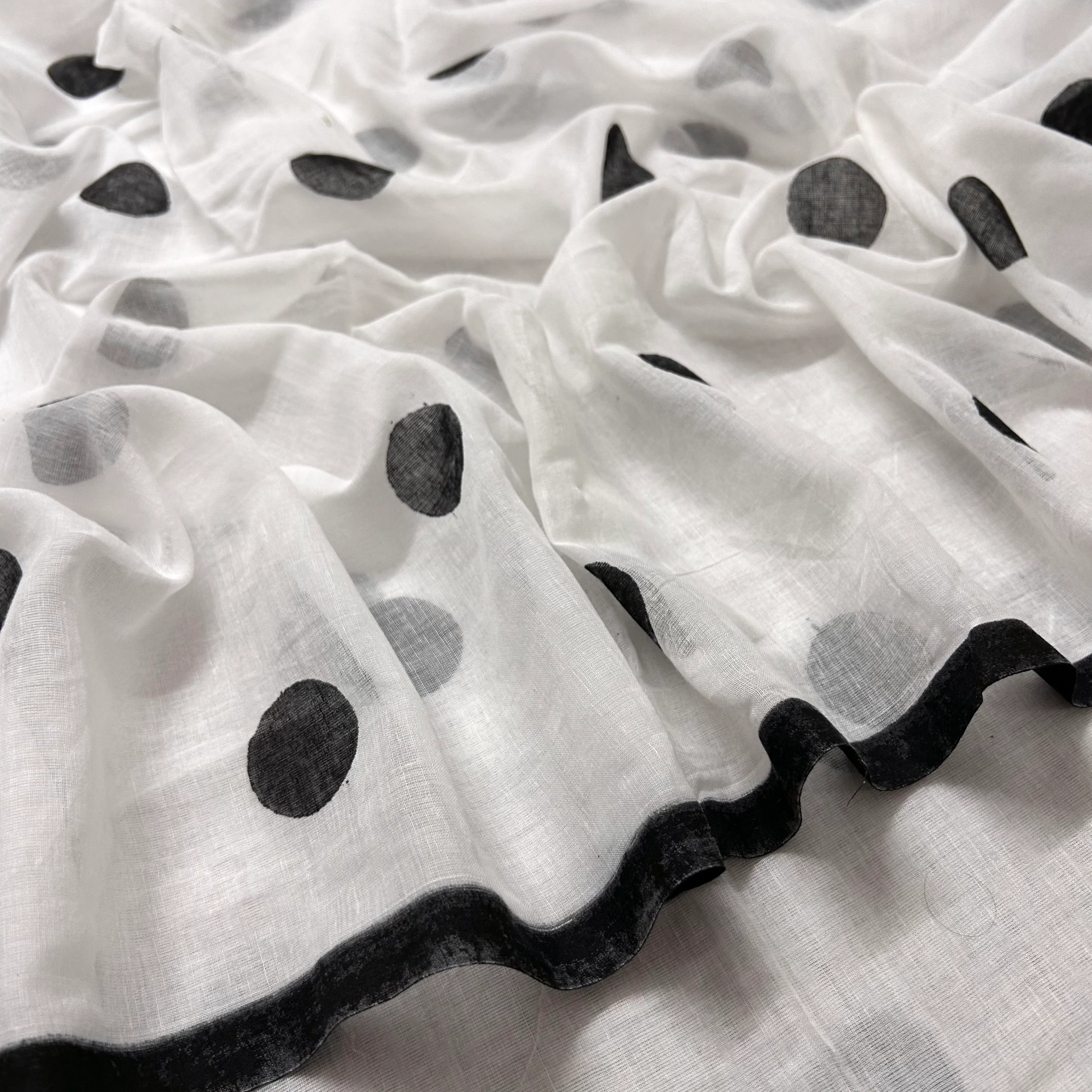 White and black polka dots mulmul saree - Image 8