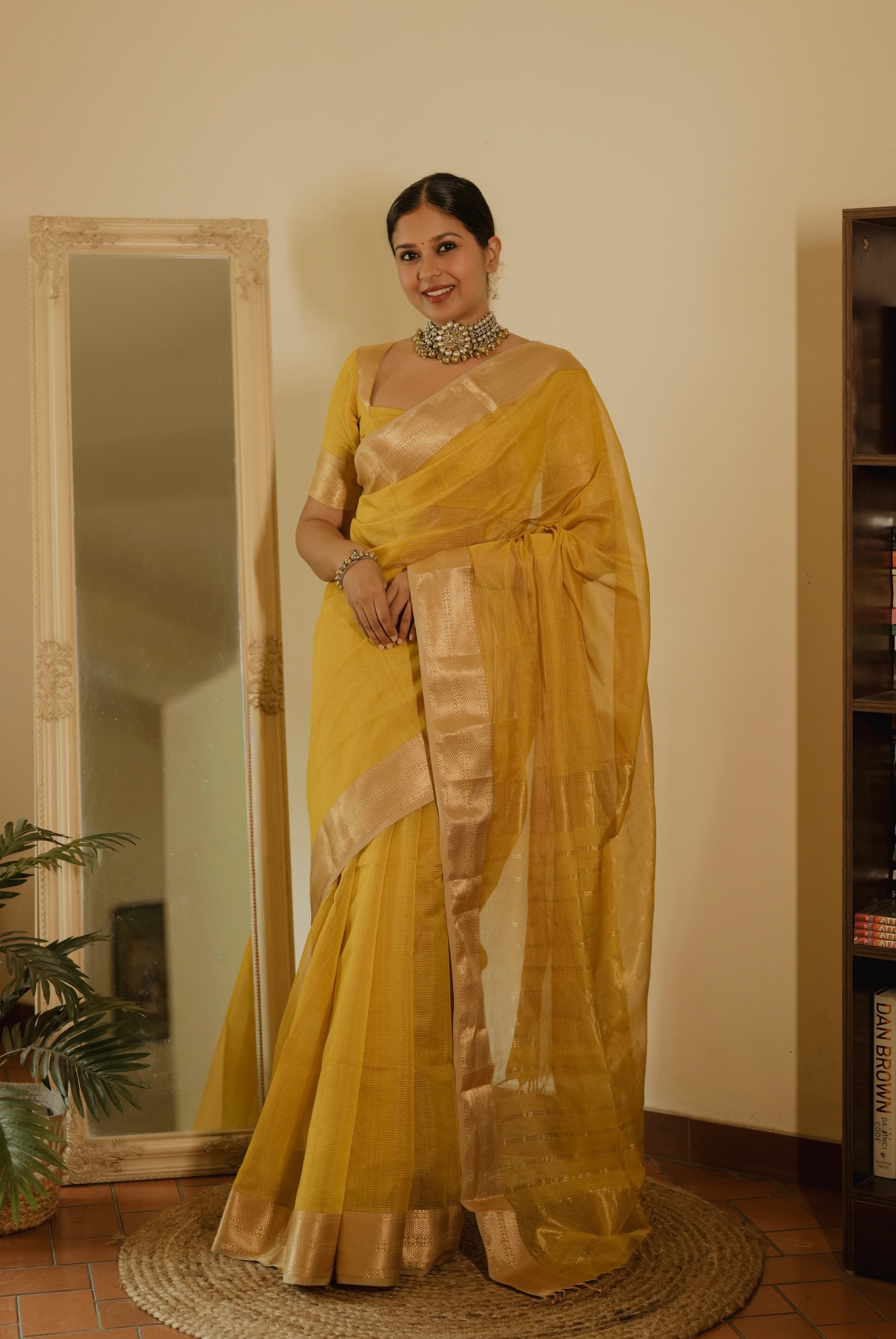 Yellow Maheshwari saree with zari lines all over - Image 8